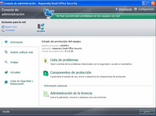 Consola de administración e información de Kaspersky Small Office Security 2