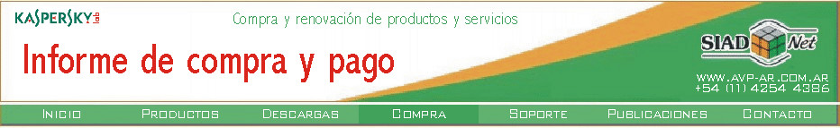 Formulario para informar la compra, y el pago, de licencias de productos Kaspersky o, servicios solicitados. 